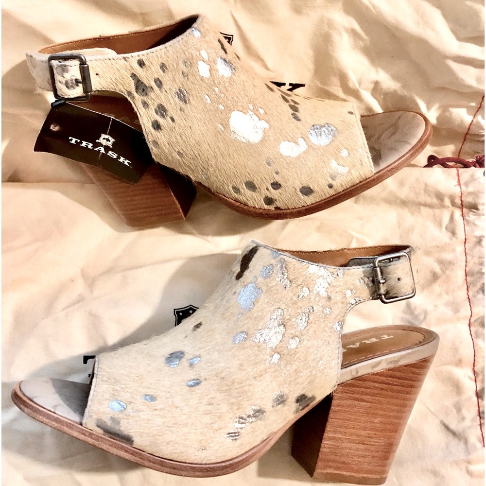 NWOB Trask - Parker Acid Washed Metallic Silver Calf Hair Stacked Heel Sandals
